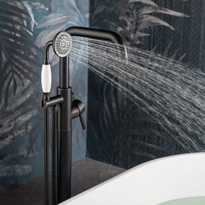 WOODBRIDGE F0070BNVT Fusion Single Handle Floor Mount Freestanding Tub Filler Faucet with Classic Telephone Style Hand Shower