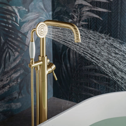 WOODBRIDGE F0070BNVT Fusion Single Handle Floor Mount Freestanding Tub Filler Faucet with Classic Telephone Style Hand Shower