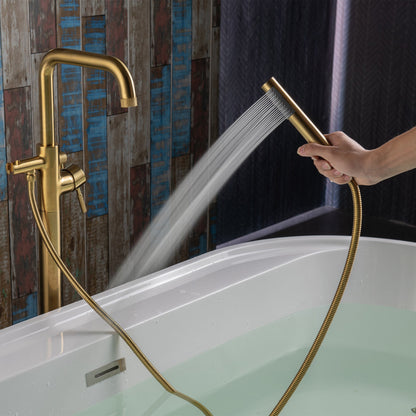 WOODBRIDGE F0070BNRD Contemporary Single Handle Floor Mount Freestanding Tub Filler Faucet with Cylinder Style Hand Shower