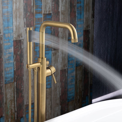 WOODBRIDGE F0070BNRD Contemporary Single Handle Floor Mount Freestanding Tub Filler Faucet with Cylinder Style Hand Shower