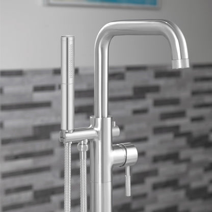WOODBRIDGE F0070BNDR Contemporary Single Handle Floor Mount Freestanding Tub Filler Faucet with 2 Function Cylinder Style Hand Shower