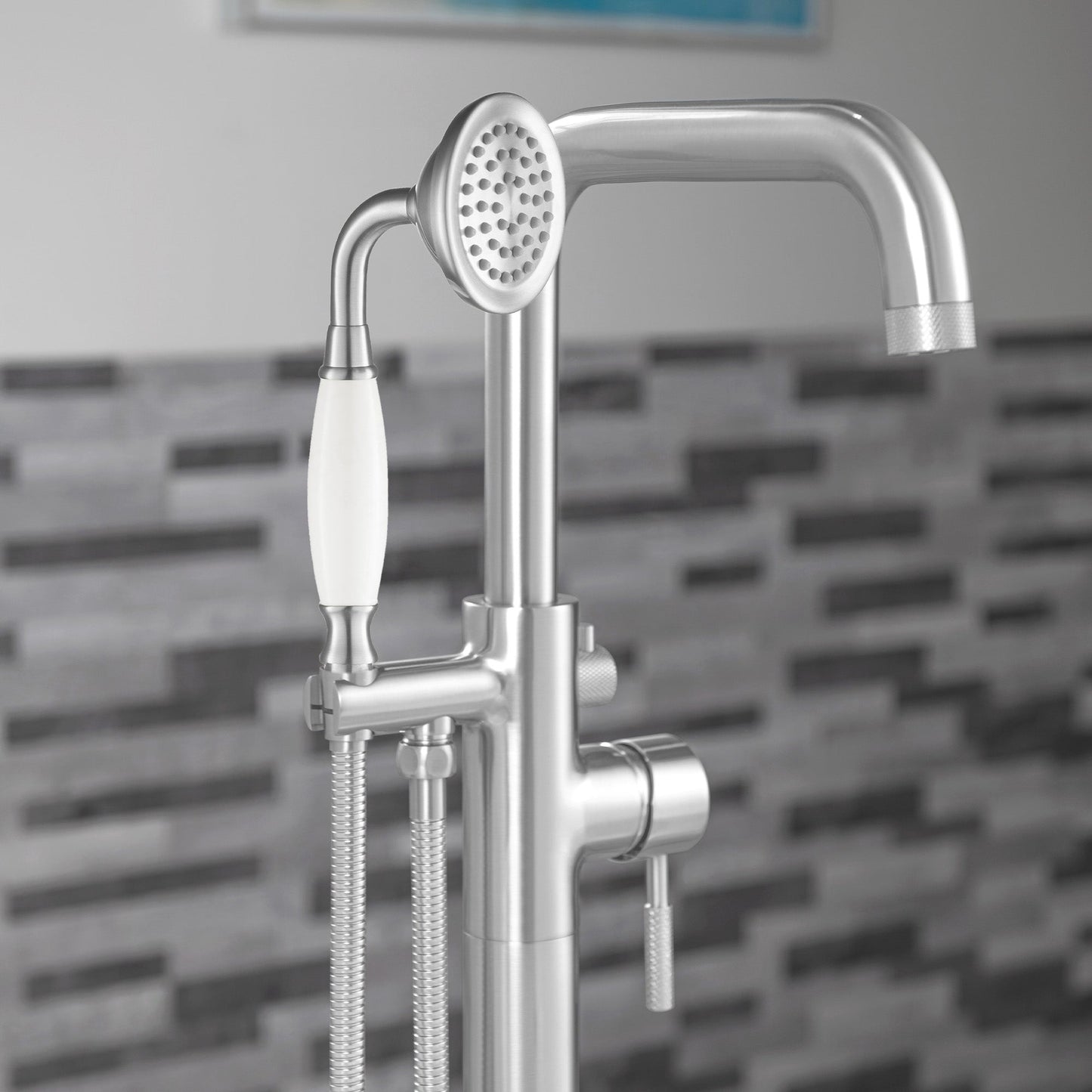 WOODBRIDGE F0070BNVT Fusion Single Handle Floor Mount Freestanding Tub Filler Faucet with Classic Telephone Style Hand Shower