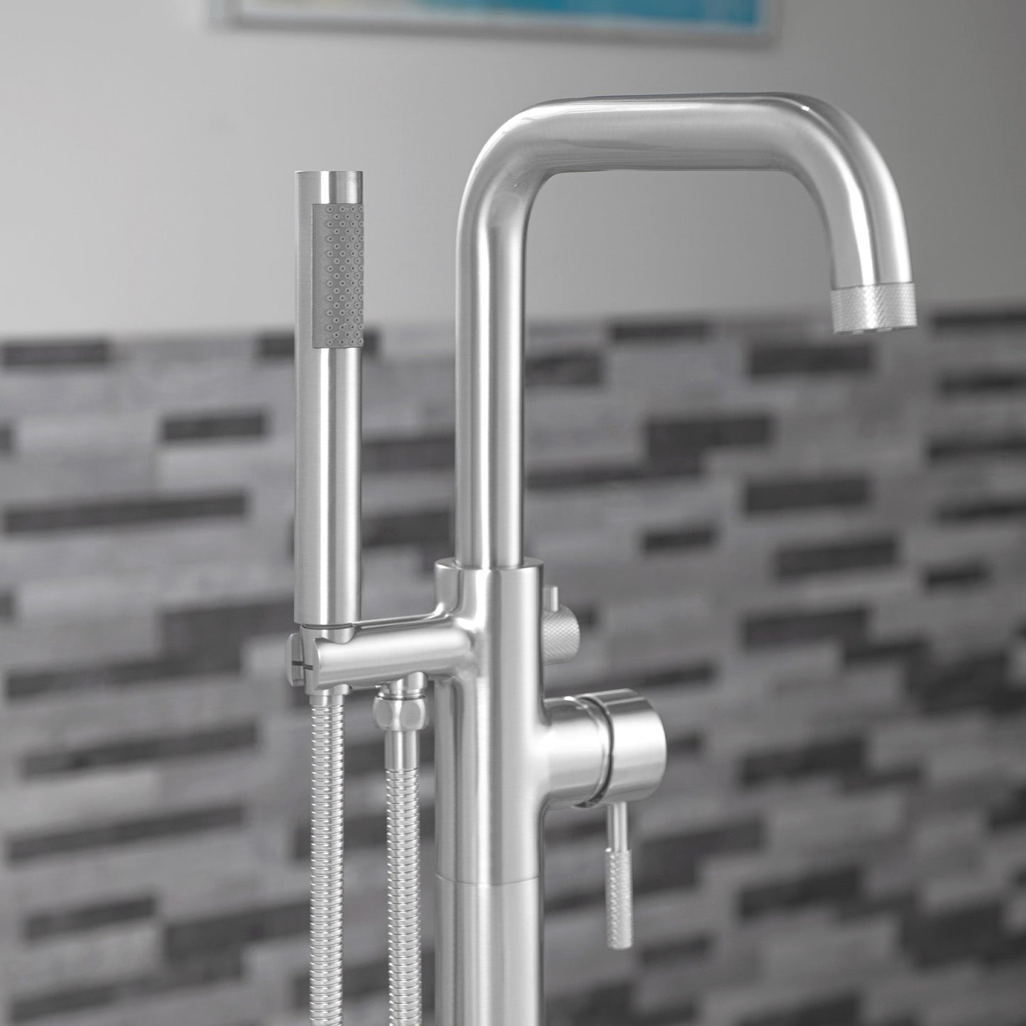 WOODBRIDGE F0070BNRD Contemporary Single Handle Floor Mount Freestanding Tub Filler Faucet with Cylinder Style Hand Shower