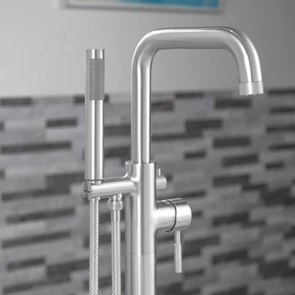 WOODBRIDGE F0070BNRD Contemporary Single Handle Floor Mount Freestanding Tub Filler Faucet with Cylinder Style Hand Shower