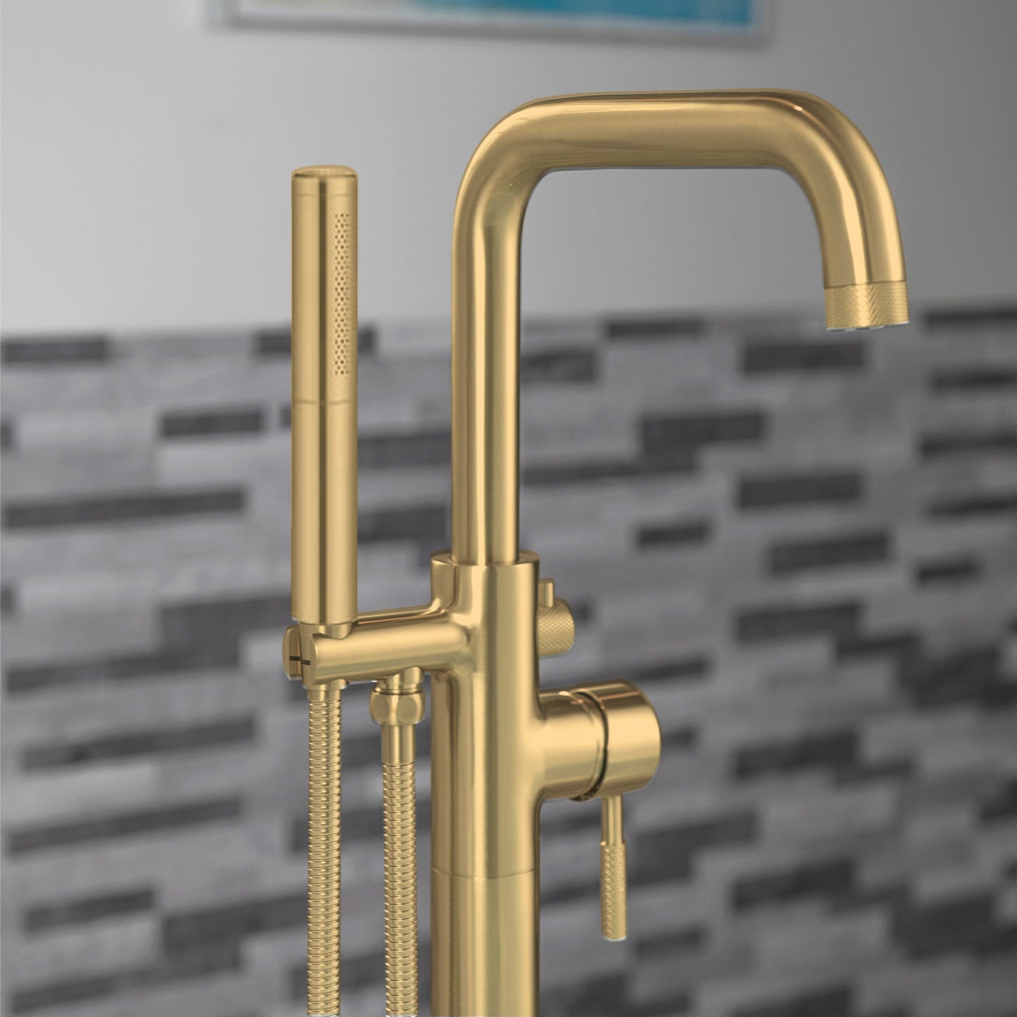WOODBRIDGE F0070BNDR Contemporary Single Handle Floor Mount Freestanding Tub Filler Faucet with 2 Function Cylinder Style Hand Shower