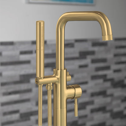 WOODBRIDGE F0070BNDR Contemporary Single Handle Floor Mount Freestanding Tub Filler Faucet with 2 Function Cylinder Style Hand Shower