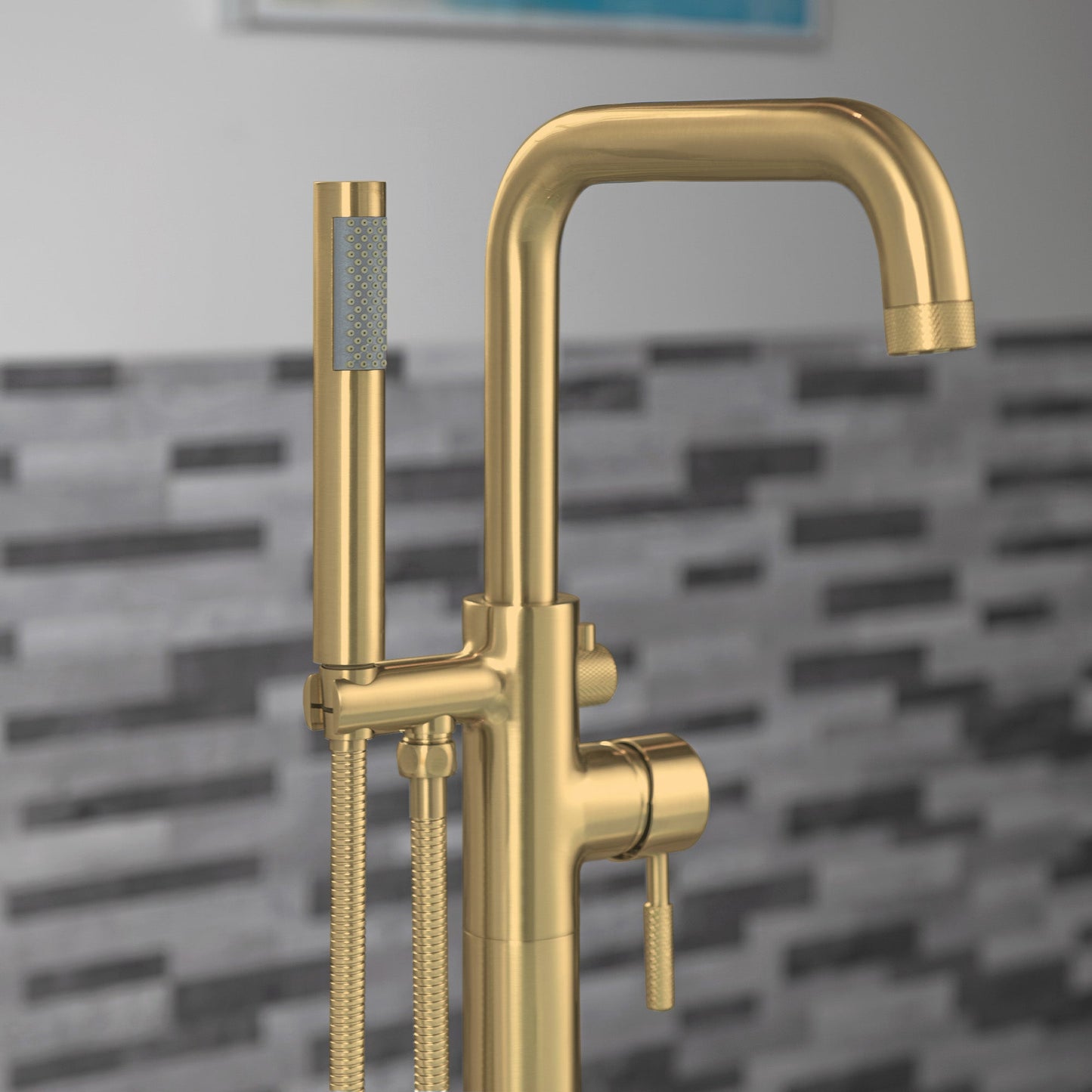WOODBRIDGE F0070BNRD Contemporary Single Handle Floor Mount Freestanding Tub Filler Faucet with Cylinder Style Hand Shower