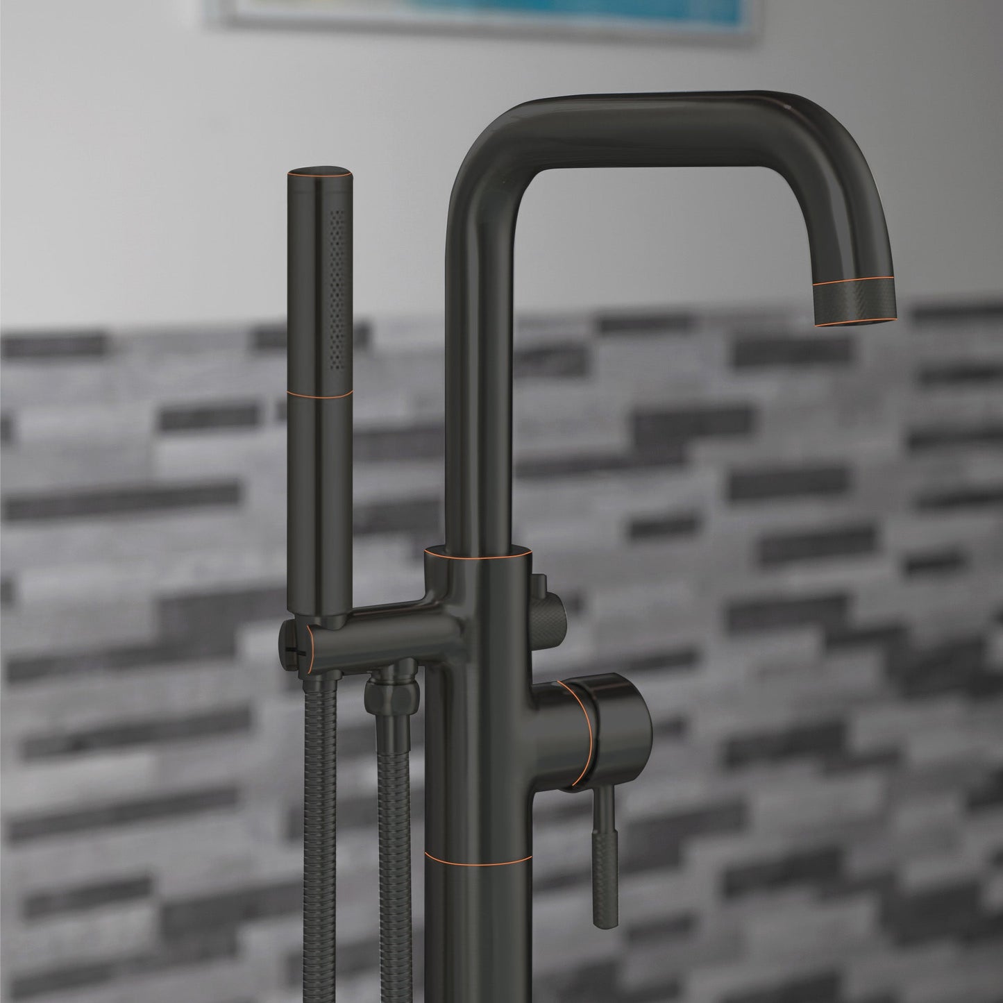 WOODBRIDGE F0070BNDR Contemporary Single Handle Floor Mount Freestanding Tub Filler Faucet with 2 Function Cylinder Style Hand Shower