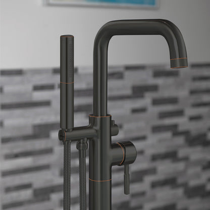 WOODBRIDGE F0070BNDR Contemporary Single Handle Floor Mount Freestanding Tub Filler Faucet with 2 Function Cylinder Style Hand Shower