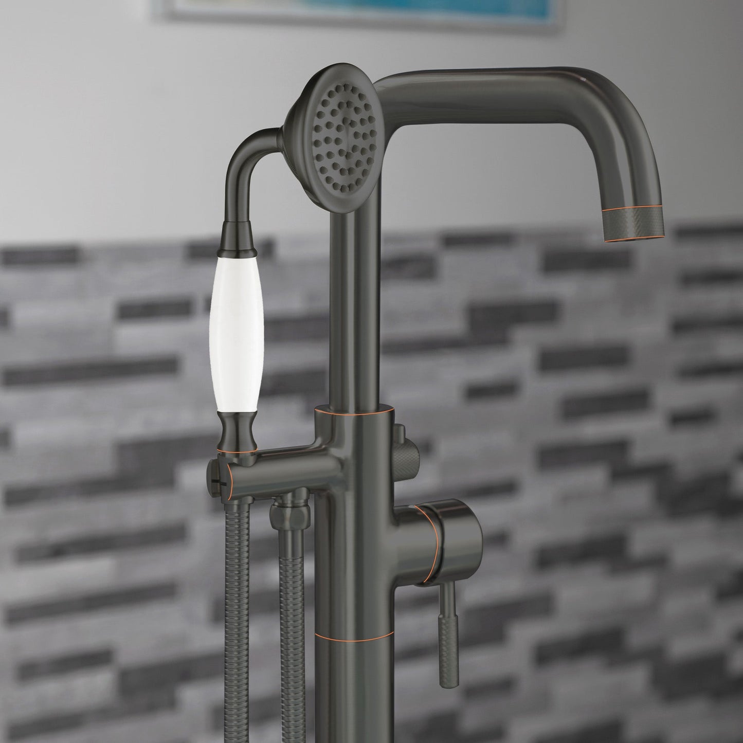 WOODBRIDGE F0070BNVT Fusion Single Handle Floor Mount Freestanding Tub Filler Faucet with Classic Telephone Style Hand Shower
