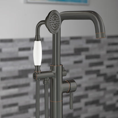 WOODBRIDGE F0070BNVT Fusion Single Handle Floor Mount Freestanding Tub Filler Faucet with Classic Telephone Style Hand Shower