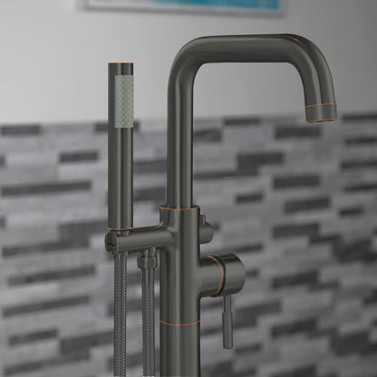WOODBRIDGE F0070BNRD Contemporary Single Handle Floor Mount Freestanding Tub Filler Faucet with Cylinder Style Hand Shower
