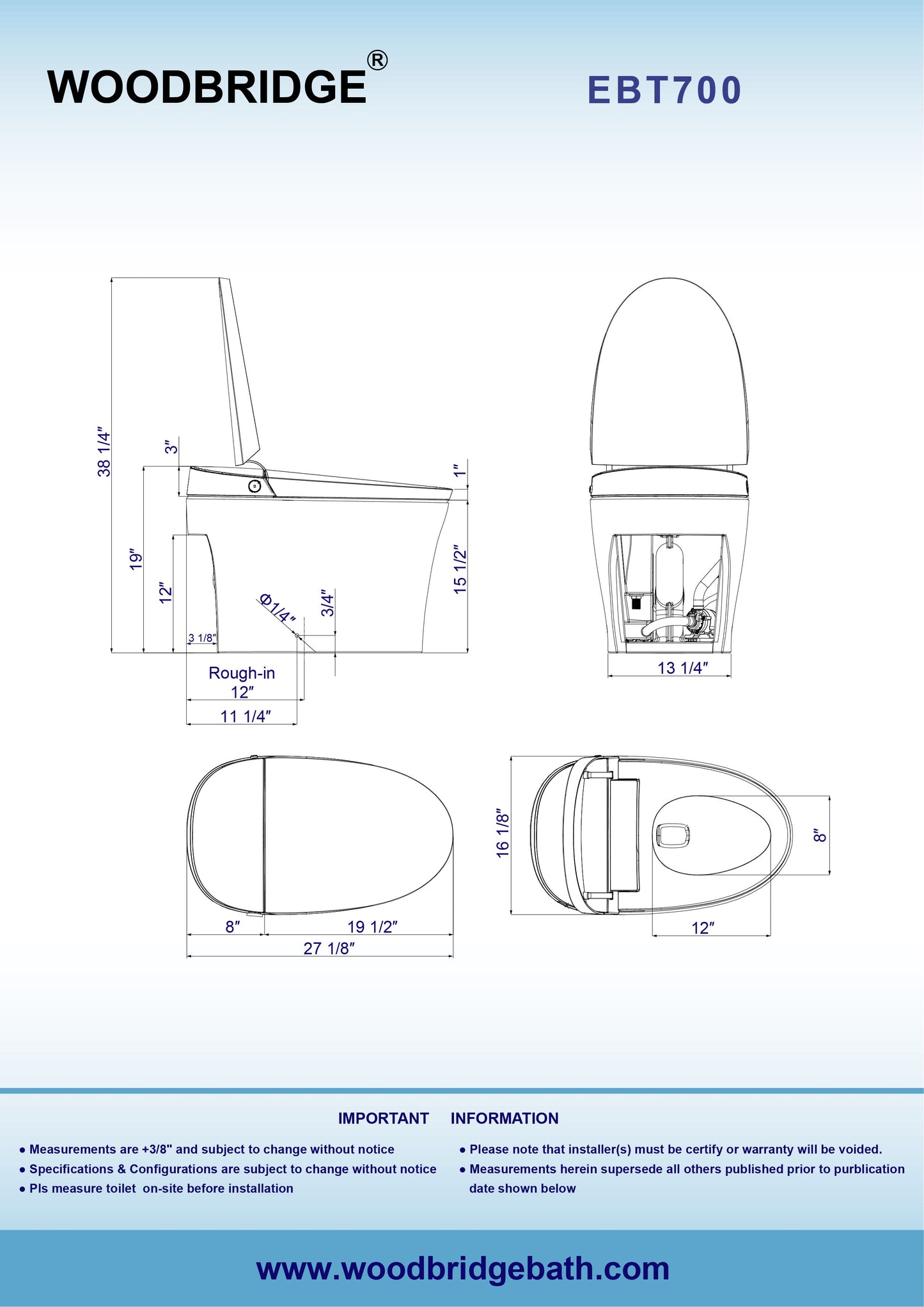 WOODBRIDGE EBT700 One Piece Elongated Smart Toilet Bidet, Auto Open & Close, Auto Flush, Foot Sensor Operation, Heated Seat with Integrated Multi Function Remote Control in White