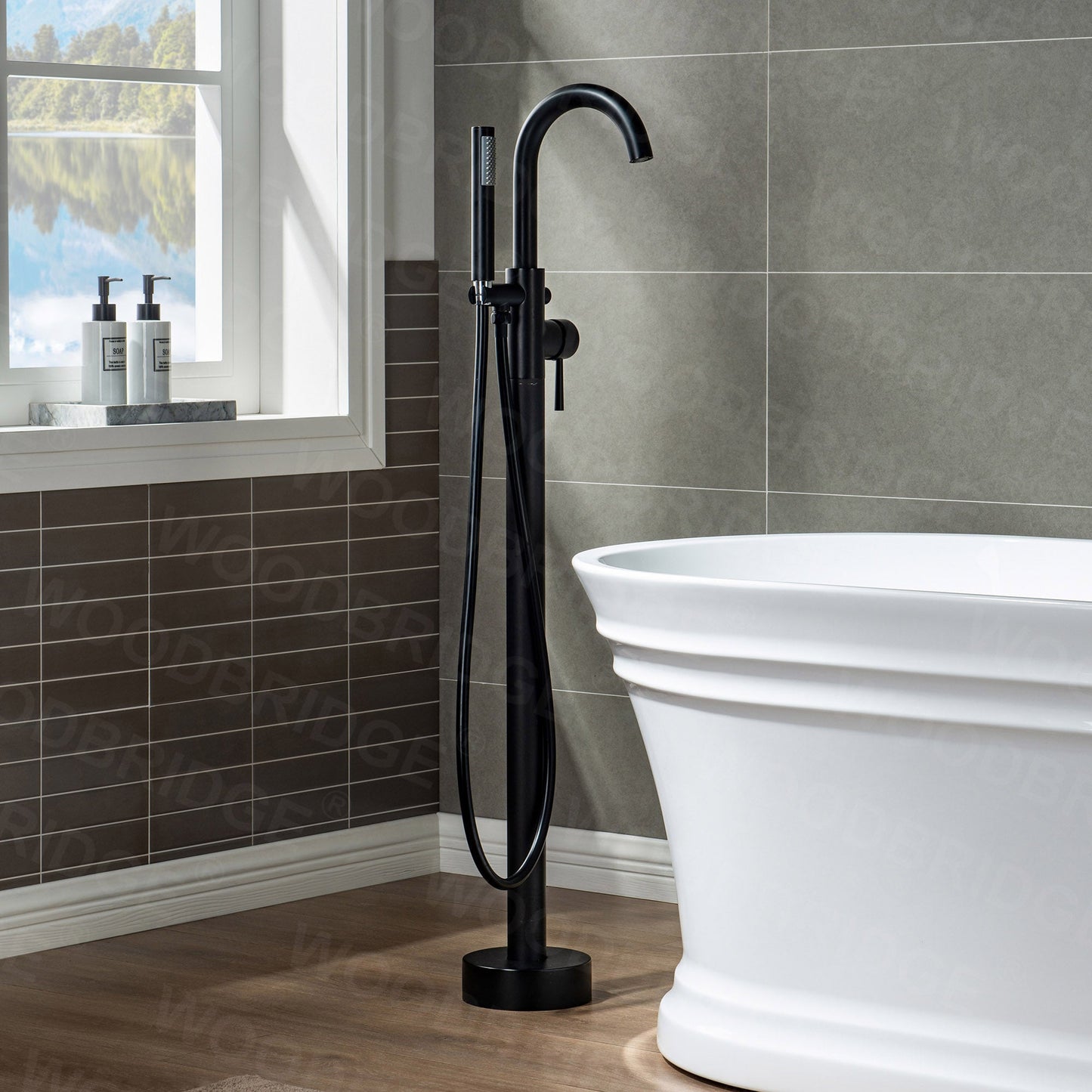 WOODBRIDGE F0001BNRD Contemporary Single Handle Floor Mount Freestanding Tub Filler Faucet with Hand shower