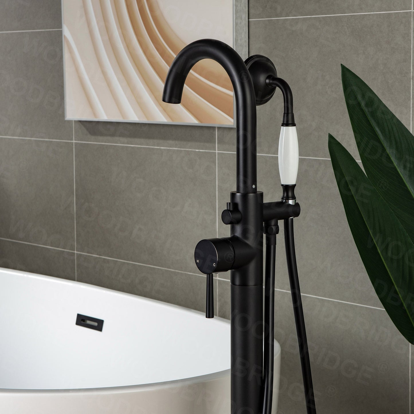 WOODBRIDGE WOODBRIDGEE F0001BNVT Contemporary Single Handle Floor Mount Freestanding Tub Filler Faucet with Hand shower