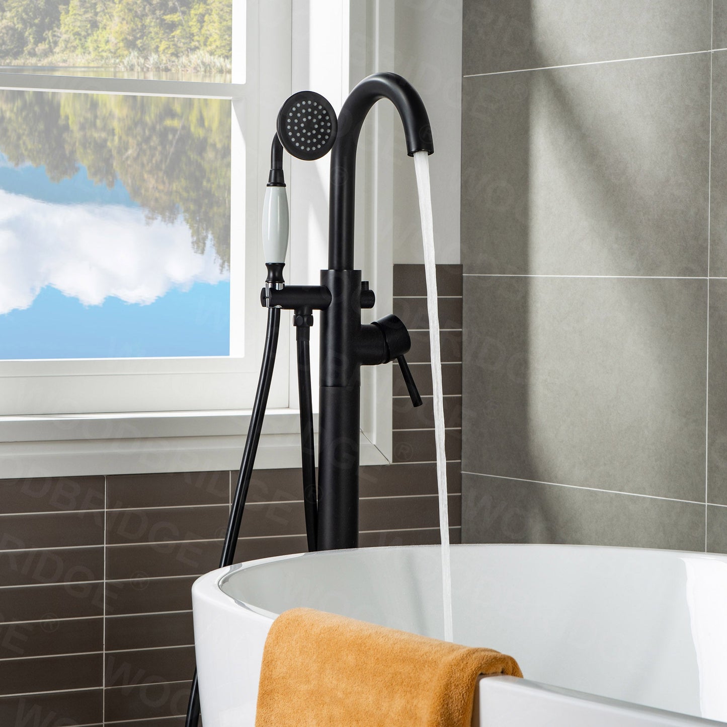 WOODBRIDGE WOODBRIDGEE F0001BNVT Contemporary Single Handle Floor Mount Freestanding Tub Filler Faucet with Hand shower