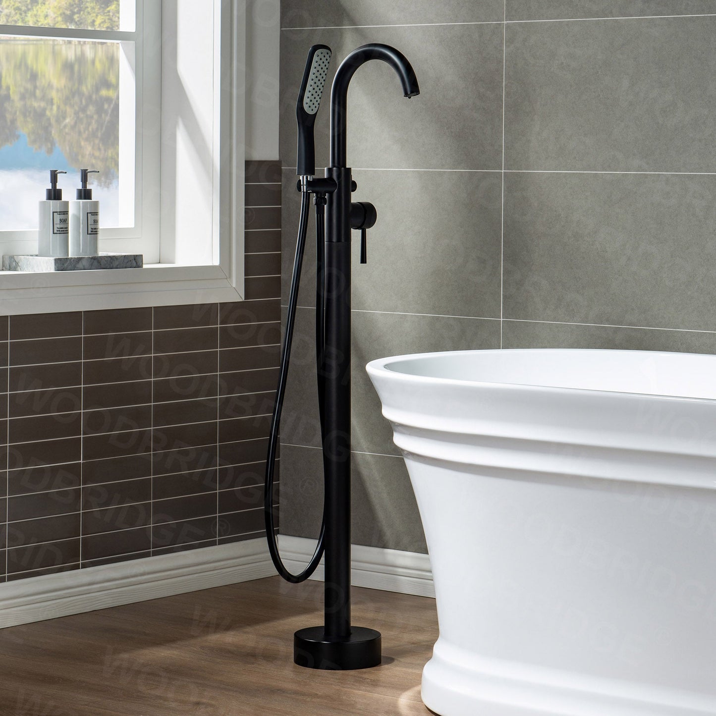 WOODBRIDGE WOODBRIDGEE Contemporary Single Handle Floor Mount Freestanding Tub Filler Faucet with Hand Shower