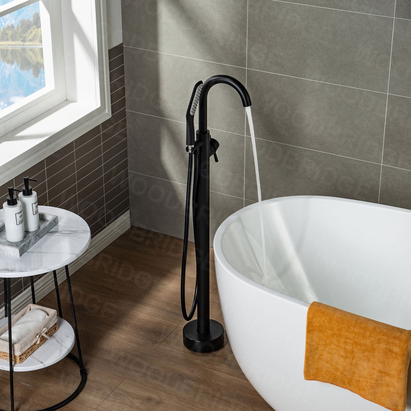 WOODBRIDGE WOODBRIDGEE Contemporary Single Handle Floor Mount Freestanding Tub Filler Faucet with Hand Shower