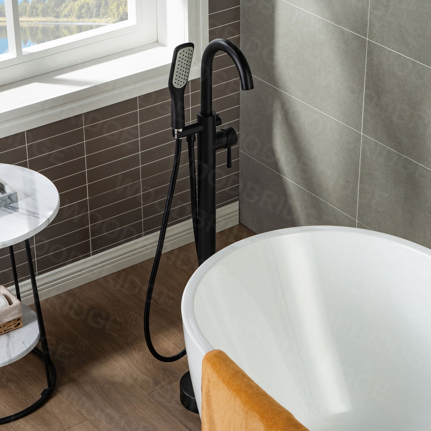 WOODBRIDGE WOODBRIDGEE Contemporary Single Handle Floor Mount Freestanding Tub Filler Faucet with Hand Shower
