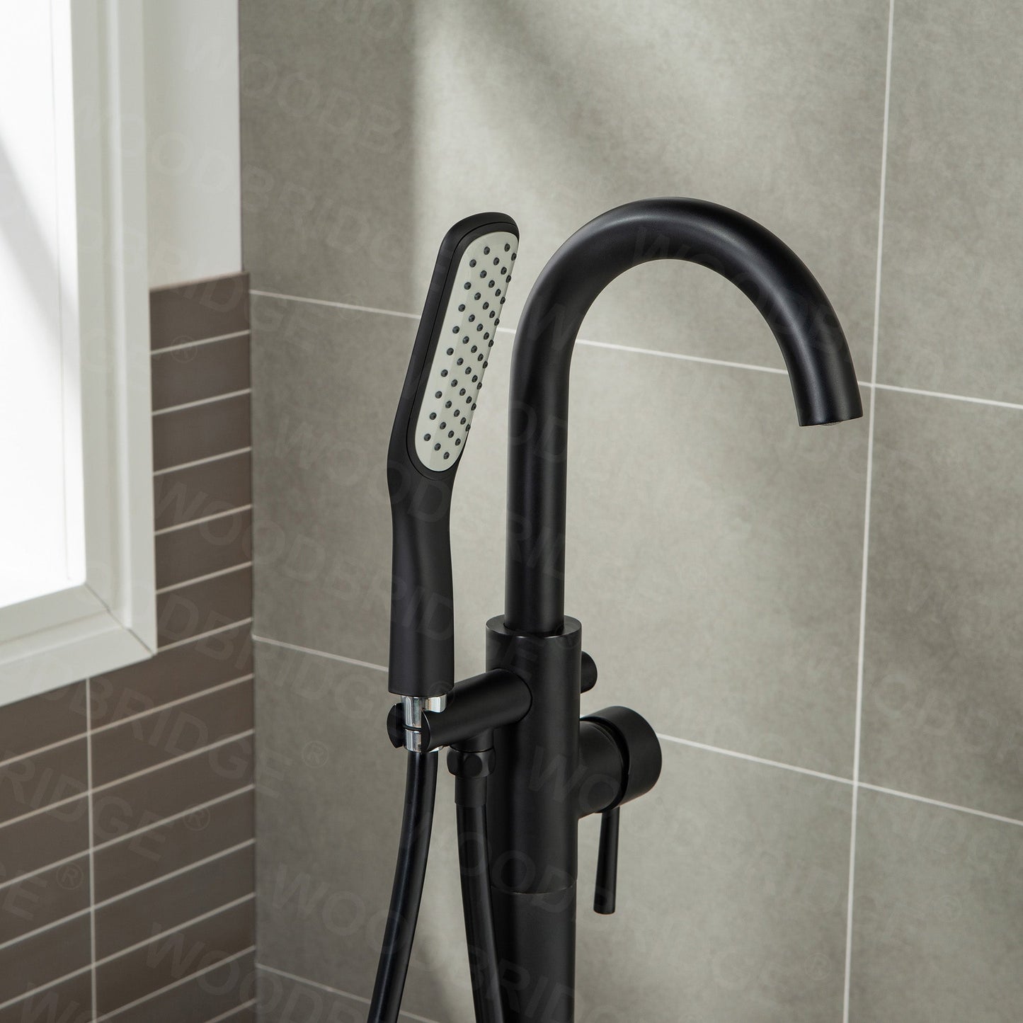 WOODBRIDGE WOODBRIDGEE Contemporary Single Handle Floor Mount Freestanding Tub Filler Faucet with Hand Shower