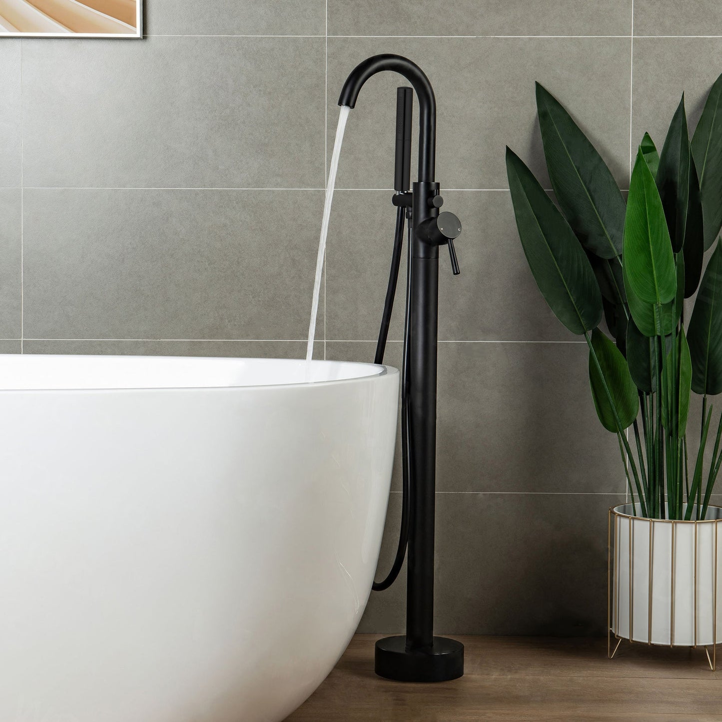 WOODBRIDGE F0001BNDR Contemporary Single Handle Floor Mount Freestanding Tub Filler Faucet with Hand shower