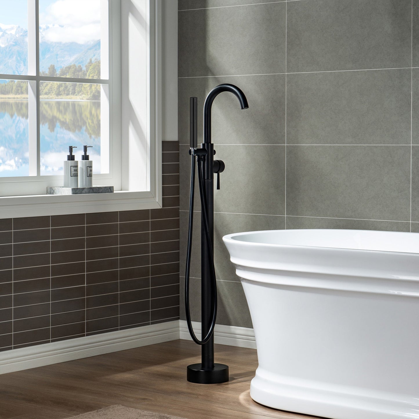 WOODBRIDGE F0001BNDR Contemporary Single Handle Floor Mount Freestanding Tub Filler Faucet with Hand shower