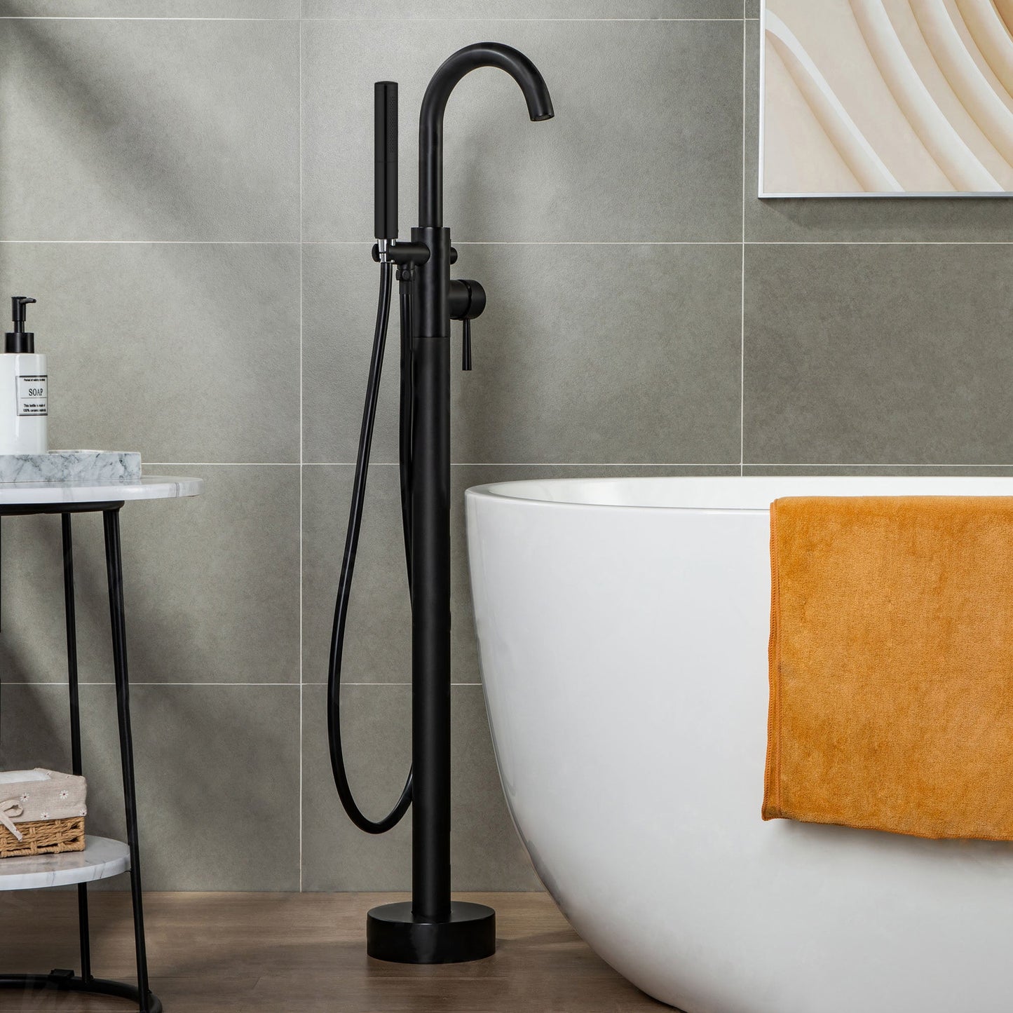 WOODBRIDGE F0001BNDR Contemporary Single Handle Floor Mount Freestanding Tub Filler Faucet with Hand shower