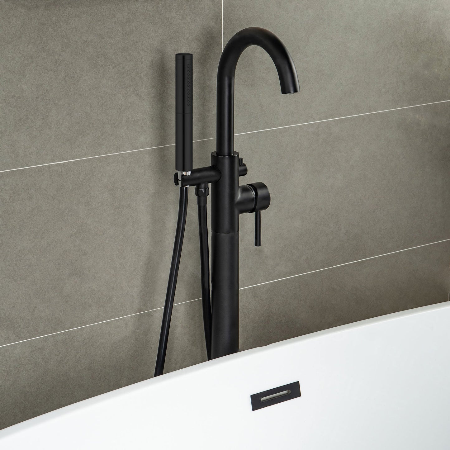 WOODBRIDGE F0001BNDR Contemporary Single Handle Floor Mount Freestanding Tub Filler Faucet with Hand shower