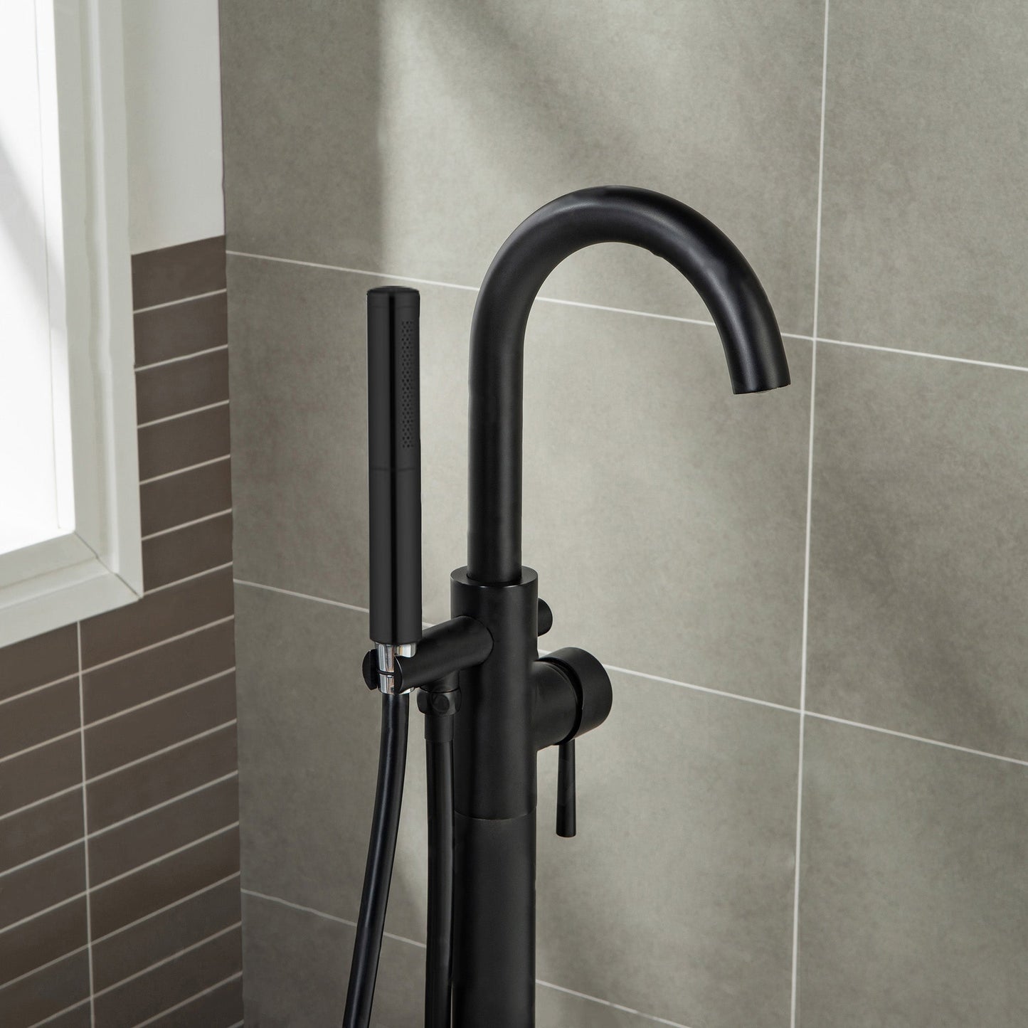 WOODBRIDGE F0001BNDR Contemporary Single Handle Floor Mount Freestanding Tub Filler Faucet with Hand shower