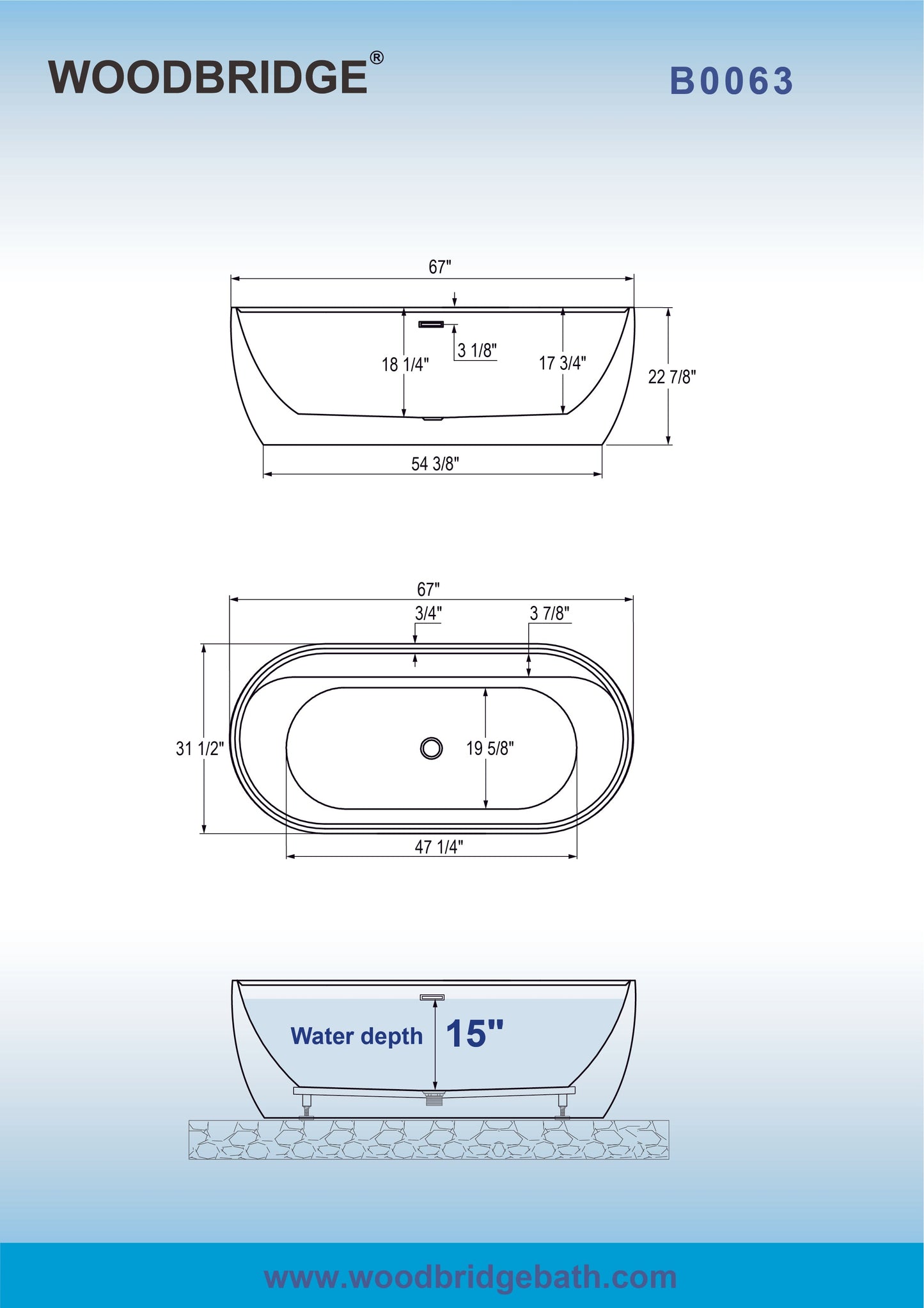 WOODBRIDGE 67" Acrylic Freestanding Bathtub Contemporary Soaking White Tub