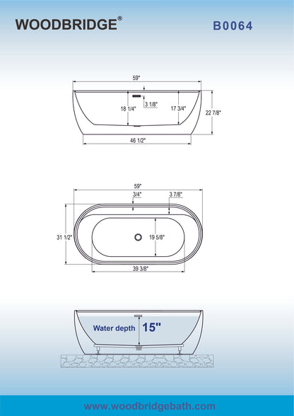 WOODBRIDGE 59" Acrylic Freestanding Bathtub Contemporary Soaking White Tub