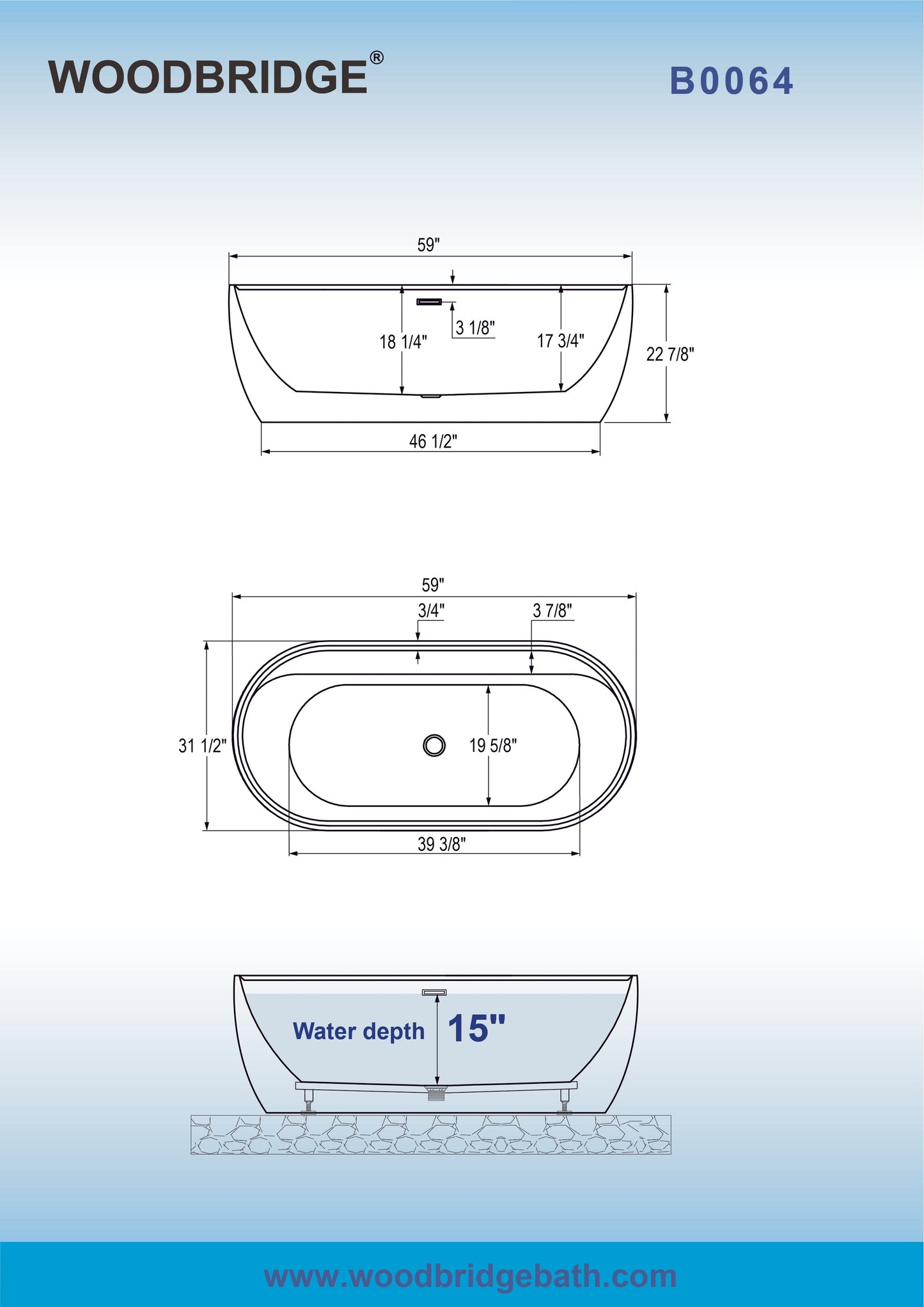 WOODBRIDGE 59" Acrylic Freestanding Bathtub Contemporary Soaking White Tub