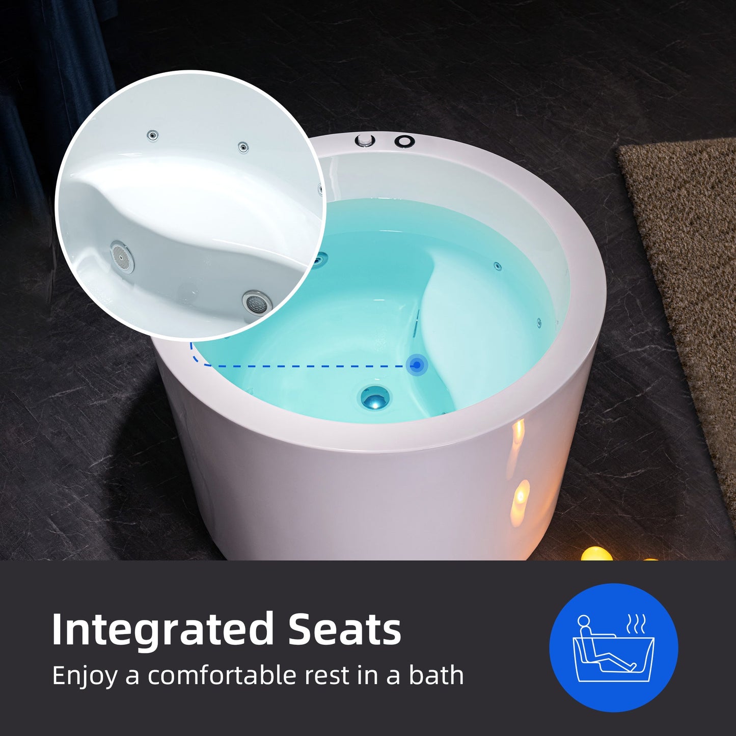 WOODBRIDGE 41" Acrylic Freestanding Round Contemporary Whirlpool Heated Jetted Tub