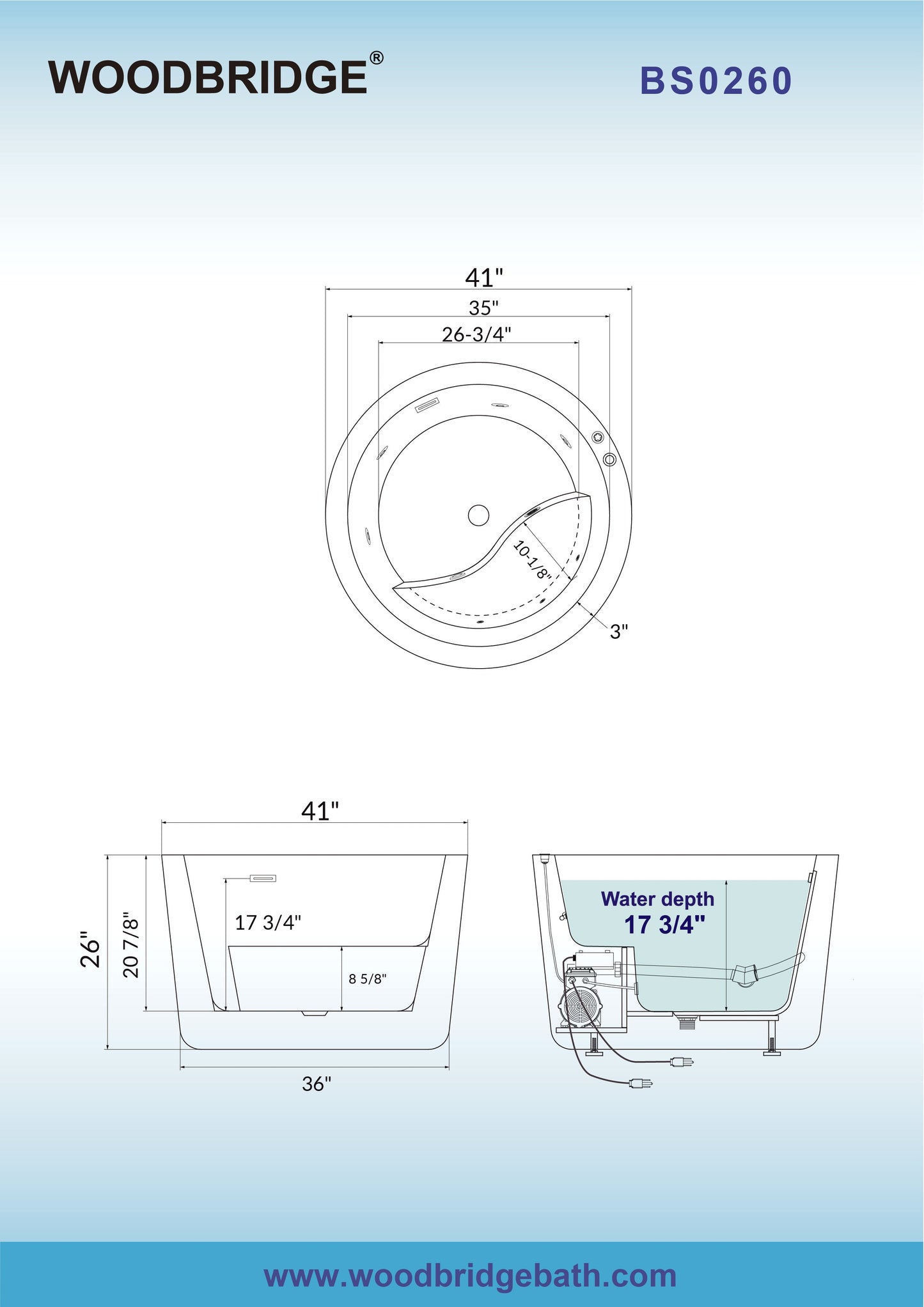 WOODBRIDGE 41" Acrylic Freestanding Round Contemporary Whirlpool Heated Jetted Tub