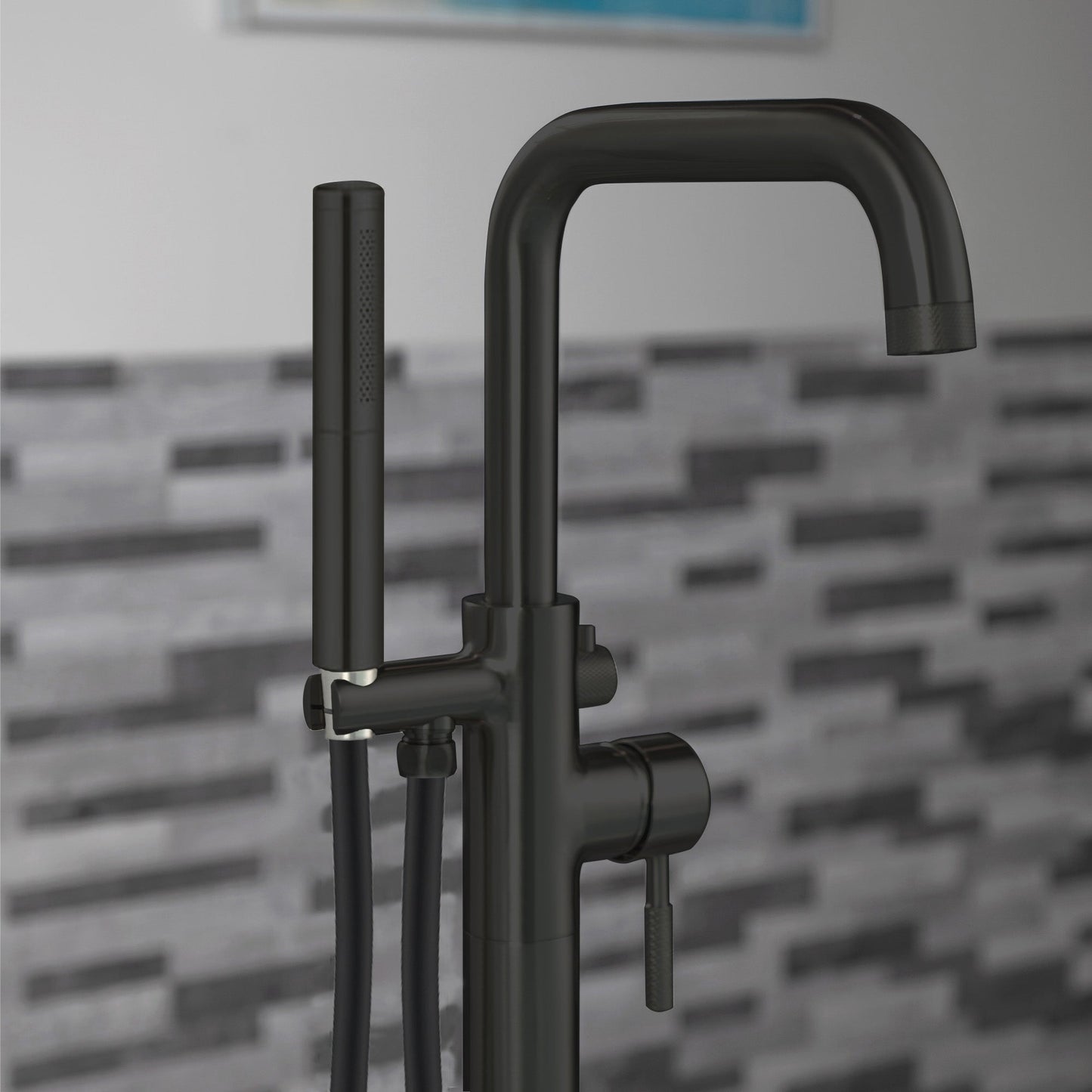 WOODBRIDGE F0070BNDR Contemporary Single Handle Floor Mount Freestanding Tub Filler Faucet with 2 Function Cylinder Style Hand Shower