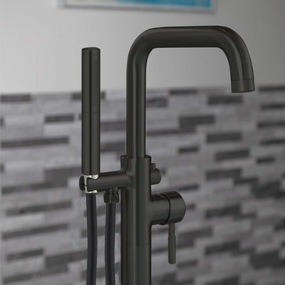 WOODBRIDGE F0070BNDR Contemporary Single Handle Floor Mount Freestanding Tub Filler Faucet with 2 Function Cylinder Style Hand Shower