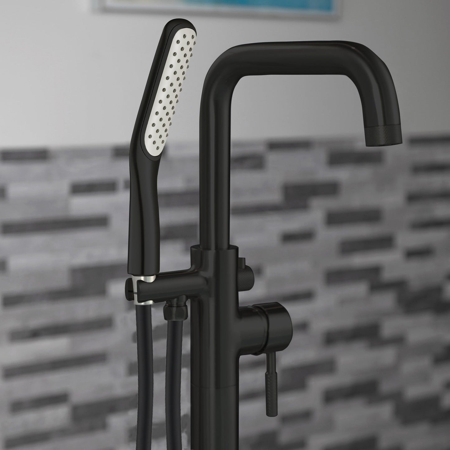 WOODBRIDGE F0070BNSQ Fusion Single Handle Floor Mount Freestanding Tub Filler Faucet with Square Shape Hand Shower