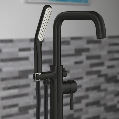 WOODBRIDGE F0070BNSQ Fusion Single Handle Floor Mount Freestanding Tub Filler Faucet with Square Shape Hand Shower