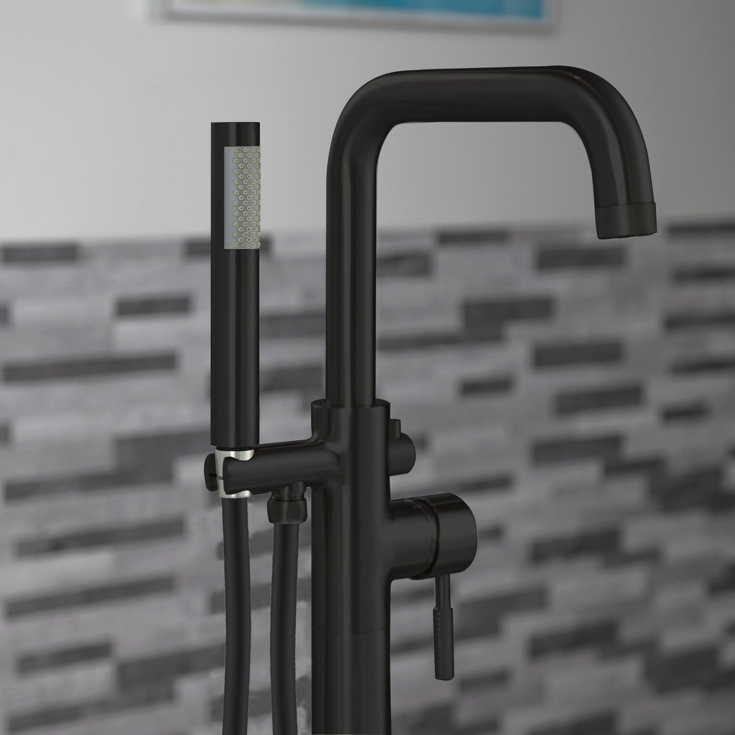 WOODBRIDGE F0070BNRD Contemporary Single Handle Floor Mount Freestanding Tub Filler Faucet with Cylinder Style Hand Shower