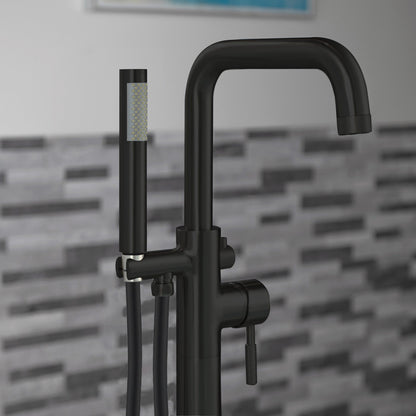 WOODBRIDGE F0070BNRD Contemporary Single Handle Floor Mount Freestanding Tub Filler Faucet with Cylinder Style Hand Shower