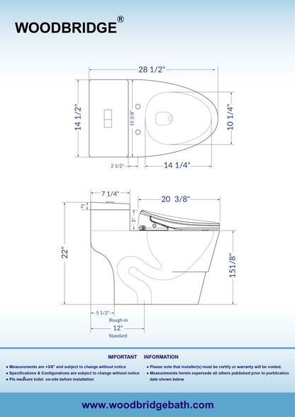 WOODBRIDGE Elongated 1-Piece Toilet with Advanced Auto Open & Close Bidet Smart Toilet Seat, Child Wash, 1000 Gram MaP Flushing Score, 1.28 GPF Dual, Water Sensed