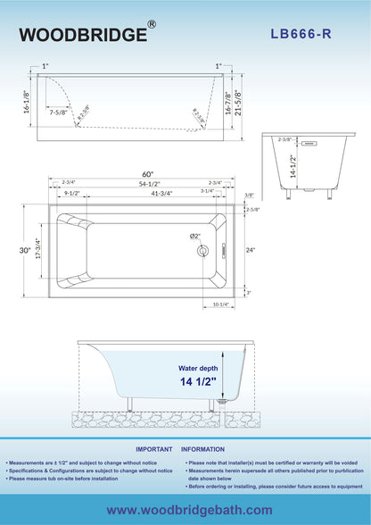 WOODBRIDGE 60" Acrylic Rectangular Alcove Soaking Bathtub in White with Right Drain