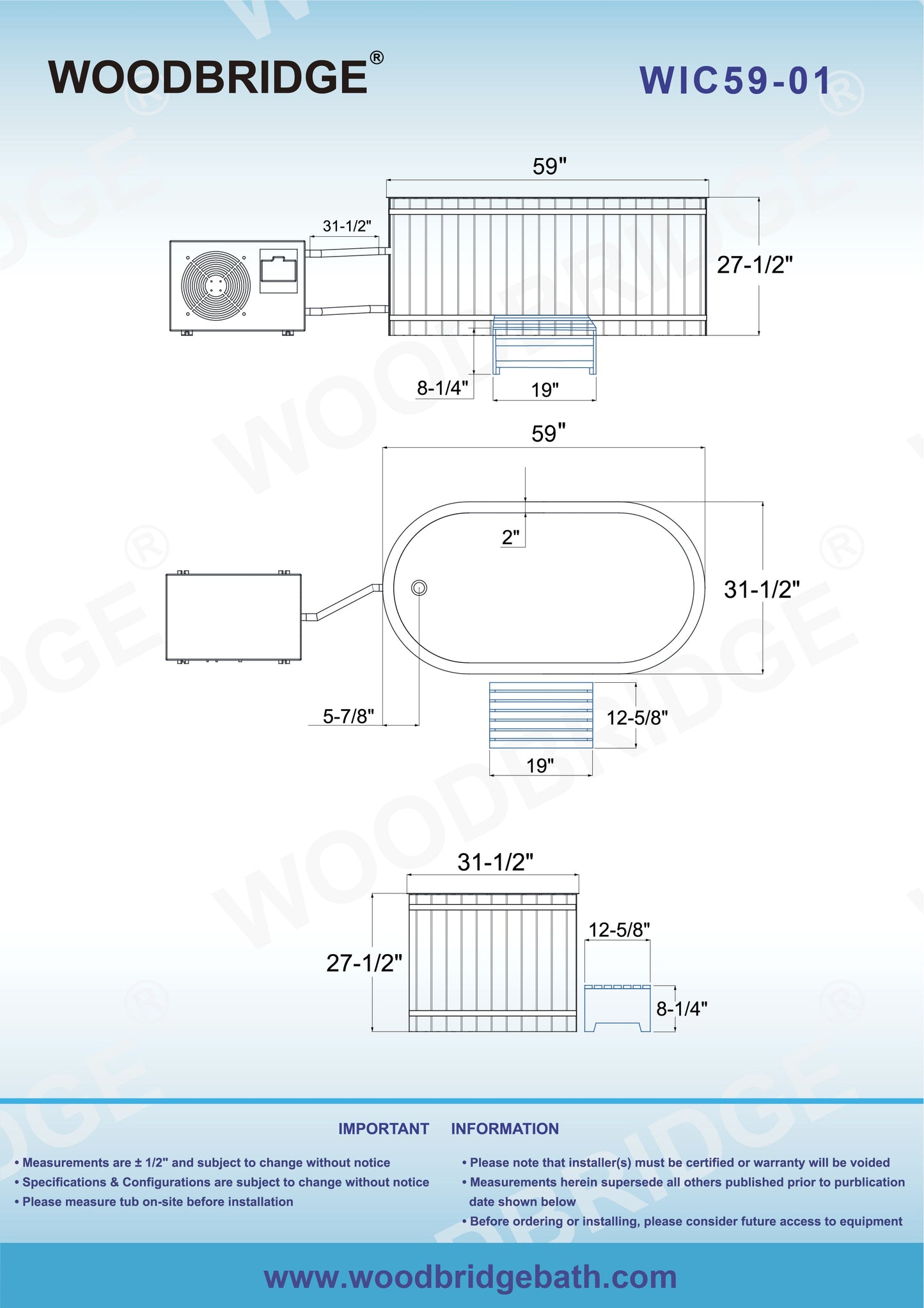 WOODBRIDGE 59" Cold Plunge Tub with 1.3 HP High-Performance Cooling and Heating Chiller in White, Ozone sanitation, Filter circulation system, Insulated Tub Lid, Wood Stool, Wood Seat