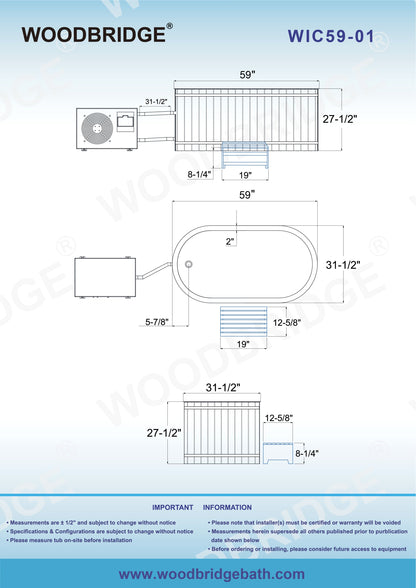 WOODBRIDGE 59" Cold Plunge Tub with 1.3 HP High-Performance Cooling and Heating Chiller in White, Ozone sanitation, Filter circulation system, Insulated Tub Lid, Wood Stool, Wood Seat