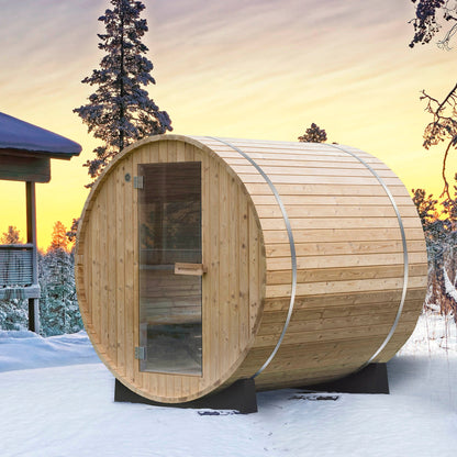 WOODBRIDGE 2-Person Luxury Canada Red Cedar Outdoor Barrel Sauna with half View Window, Harvia Electric Heater with Sauna Stone, Sauna accessories Kit and Asphalt Shingle Roof, 4'x6'