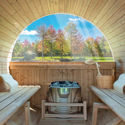 WOODBRIDGE 4-Person Luxury Canada Red Cedar Outdoor Barrel Sauna with half View Window,Harvia Electric Heater with Sauna Stone, Sauna accessories Kit and Asphalt Shingle Roof, 4'x6'