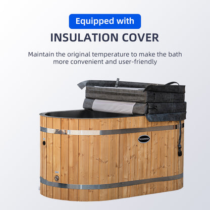 WOODBRIDGE 59" Cold Plunge Tub with 1.3 HP High-Performance Cooling and Heating Chiller in White, Ozone sanitation, Filter circulation system, Insulated Tub Lid, Wood Stool, Wood Seat