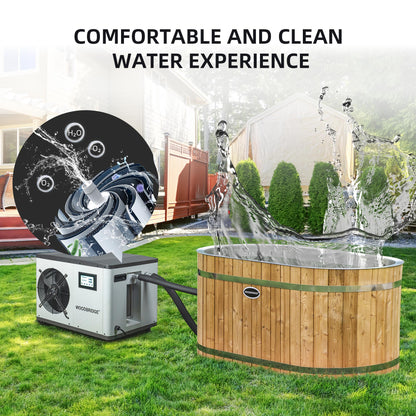WOODBRIDGE 59" Cold Plunge Tub with 1.3 HP High-Performance Cooling and Heating Chiller in White, Ozone sanitation, Filter circulation system, Insulated Tub Lid, Wood Stool, Wood Seat