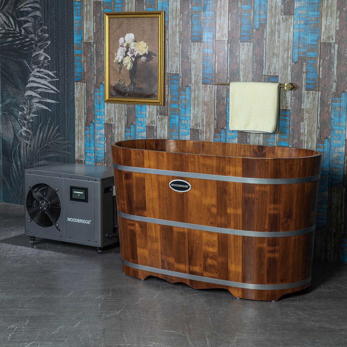 WOODBRIDGE 54" Cold Plunge Tub with 1.3 HP High-Performance Cooling and Heating Chiller in Gray, Ozone sanitation, Filter circulation system, Insulated Tub Lid, Wood Stool, Wood Seat