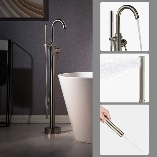 WOODBRIDGE F0023BNDR Contemporary Single Handle Floor Mount Freestanding Tub Filler Faucet with 2 Function Cylinder Style Hand Shower